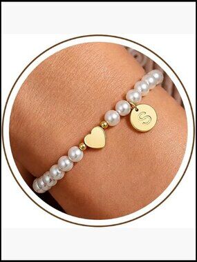 Dainty Pearl Initial Bracelet Adjustable Heart Charm Beaded Jewelry Gift